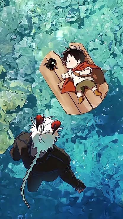Un petit enfant et un robot cannette sur une planche de bois flottante au milieu d'une eau turquoise poussée par une sorte de démon rouge aux cheveux blancs Un petit enfant et un robot cannette sur une planche de bois flottante au milieu d'une eau turquoise poussée par une sorte de démon rouge aux cheveux blancs