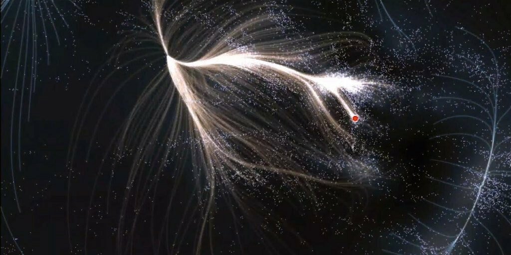 Représentation de Laniakea, le superamas de galaxies dont fait partie la Voie Lactée (point rouge sur l'image). Cette représentation fait apparaitre Laniakea comme un écheveau de fils. Ivanov, CC BY-SA 4.0, via Wikimedia Commons Représentation de Laniakea, le superamas de galaxies dont fait partie la Voie Lactée (point rouge sur l'image). Cette représentation fait apparaitre Laniakea comme un écheveau de fils. Ivanov, CC BY-SA 4.0, via Wikimedia Commons