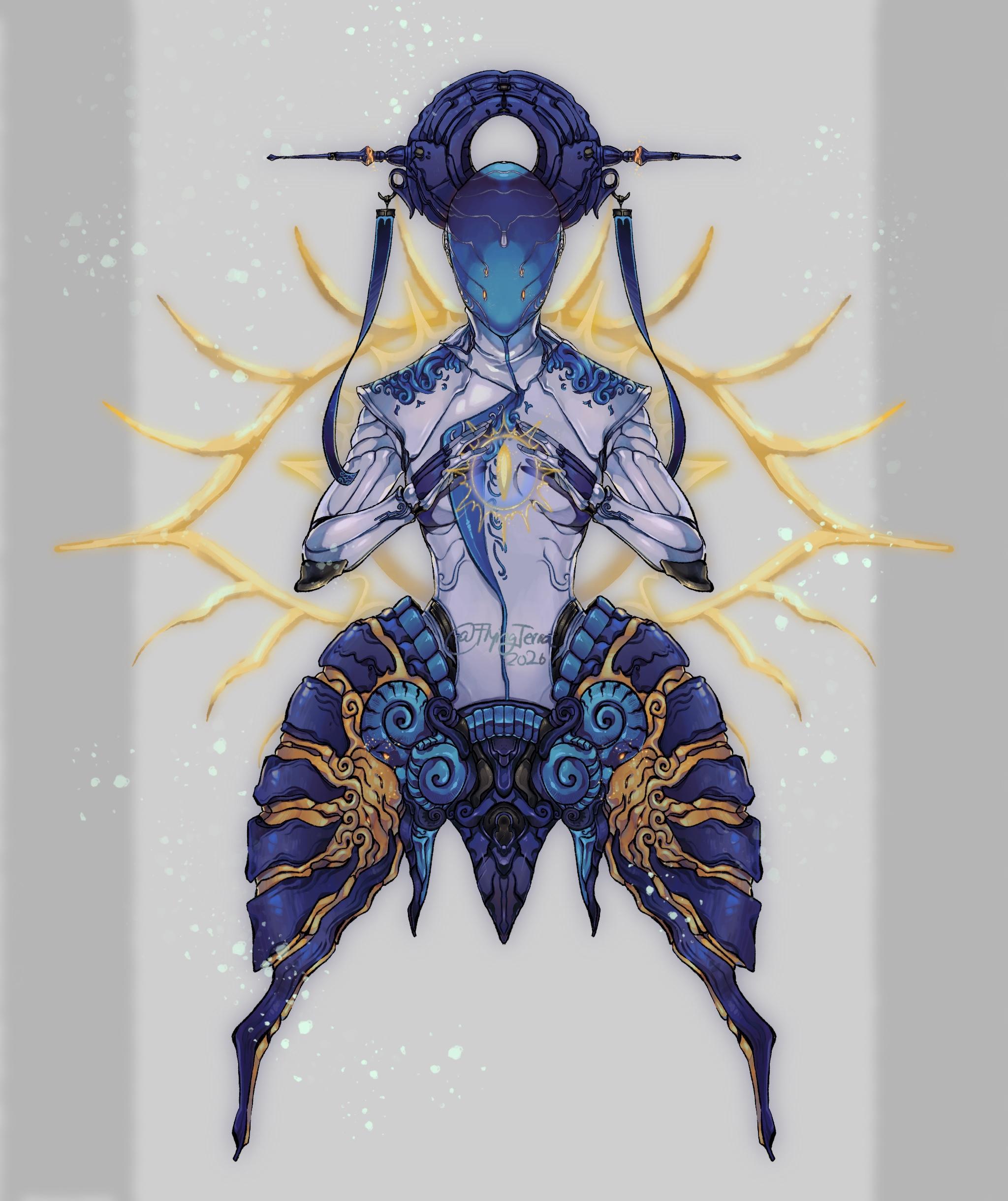 Digital Drawing of the Warframe Trinity with the Strega skin.
Her upper part is more porcelain doll like with white and blue accents.
She's holding an eyeball matching the big "sauron-esque" (but with big falsies) eye on her back. When I drew the lower "skirt" part I rather took reference of the original artwork than the ingame design. So the shells look more like actual nautilus shells. Digital Drawing of the Warframe Trinity with the Strega skin.
Her upper part is more porcelain doll like with white and blue accents.
She's holding an eyeball matching the big "sauron-esque" (but with big falsies) eye on her back. When I drew the lower "skirt" part I rather took reference of the original artwork than the ingame design. So the shells look more like actual nautilus shells.