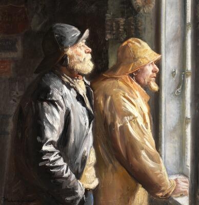 Two fishermen in full working gear – oilskins and sou’westers – gaze out of a window. The incoming daylight illuminates their faces and upper bodies and sets them apart from the otherwise barely lit room.

They look worried and ready to face the storm. The black piece renforce the painting contrast.