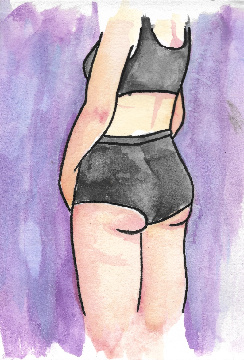 someone wearing a panty and a bra turning their back the bottom (knees) and the top (neck) melt into the purple background someone wearing a panty and a bra turning their back the bottom (knees) and the top (neck) melt into the purple background