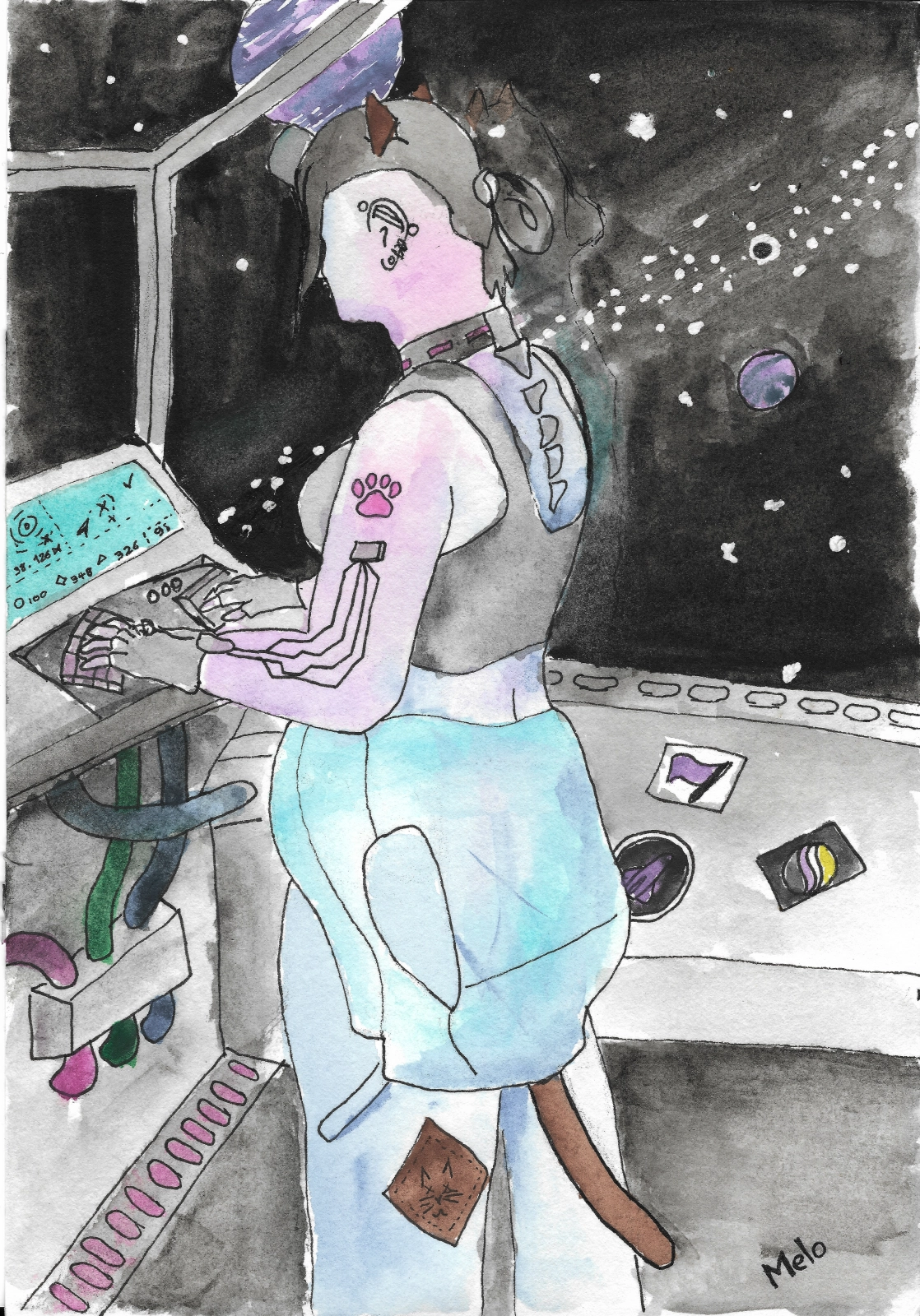 a cybercat girl thing entity is standing in a spaceship cockpit, seemingly programming something on a comand pod.
they are are wearing glove that are connected to their body, have an magenta holographic light tatto of a paw on their shoulder a robotic spine and neck, goggles on their forehead and biological cat ears, they wear a grey bra and a half put sleeveless overall hanging on their butt, a tail is showing from under it. in the cockpit, some stickers, behind the glass we can see two planets up close and further, a galaxy of star aligned with a black hole. a cybercat girl thing entity is standing in a spaceship cockpit, seemingly programming something on a comand pod.
they are are wearing glove that are connected to their body, have an magenta holographic light tatto of a paw on their shoulder a robotic spine and neck, goggles on their forehead and biological cat ears, they wear a grey bra and a half put sleeveless overall hanging on their butt, a tail is showing from under it. in the cockpit, some stickers, behind the glass we can see two planets up close and further, a galaxy of star aligned with a black hole.