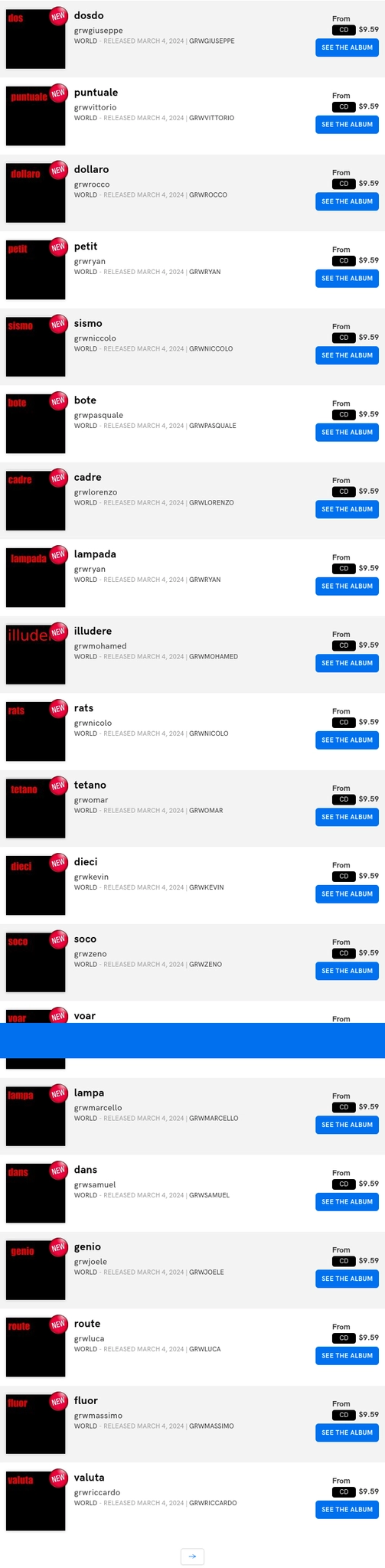 A list of albums by "artists" with a name starting with grw + a first name. All of them have a single word title, and the same minimalist album cover image, with a black background and the album title written in red in the corner.
They are all released on March 4, 2024, and are on sale for $9.59 each.
Fuck AI generated pollution. A list of albums by "artists" with a name starting with grw + a first name. All of them have a single word title, and the same minimalist album cover image, with a black background and the album title written in red in the corner.
They are all released on March 4, 2024, and are on sale for $9.59 each.
Fuck AI generated pollution.
