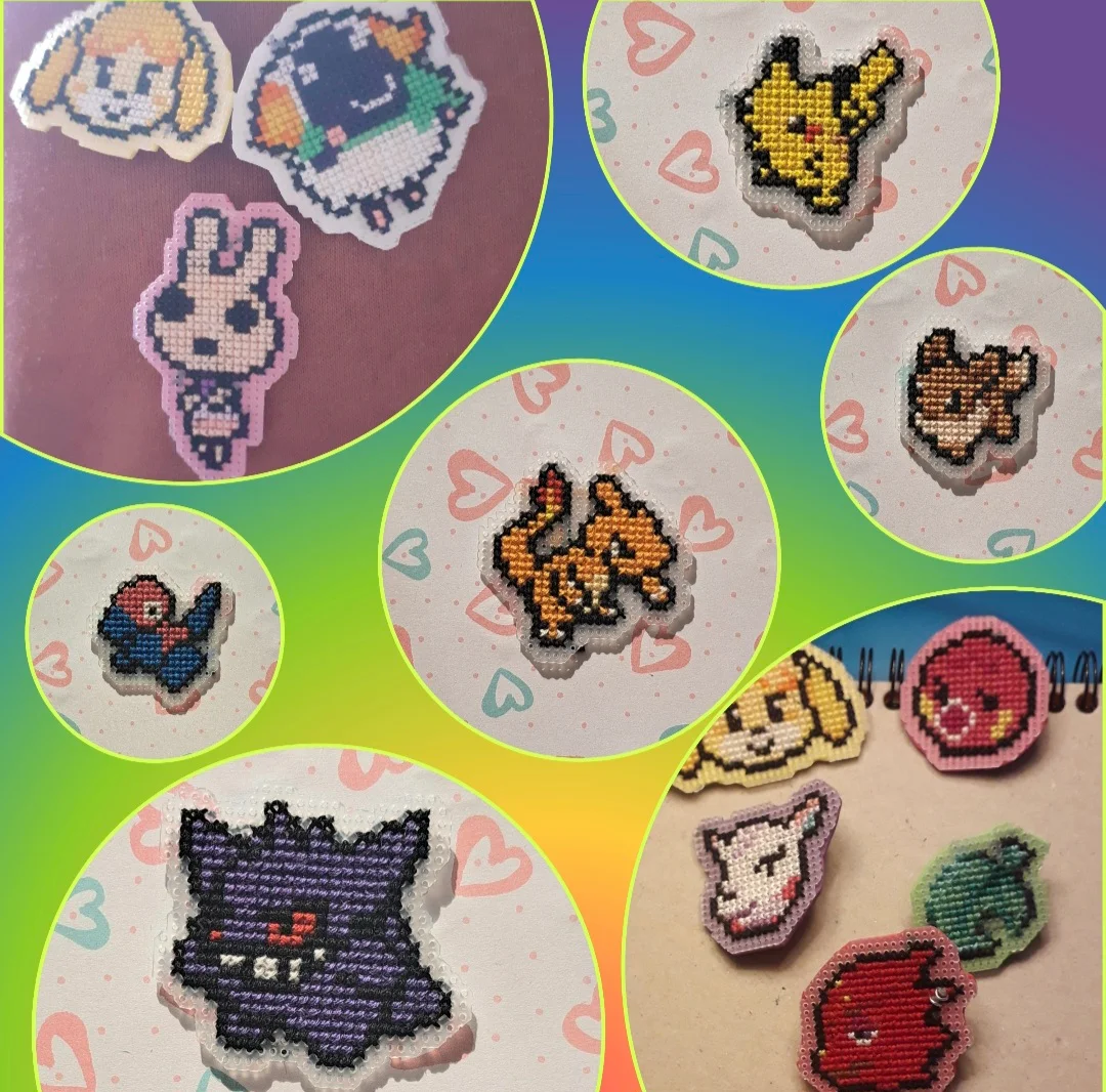 Montage où j'ai pu réunir plusieurs photo de broderie de personnages d'Animal Crossing et Pokémon Montage où j'ai pu réunir plusieurs photo de broderie de personnages d'Animal Crossing et Pokémon